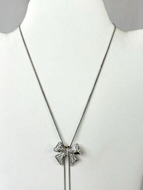 Vintage Silver Tone Bow Rhinestone Bolo Slider Lariat Necklace Western Glam